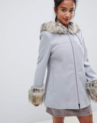 Miss Selfridge Petite petite fur trim swing coat in pale grey