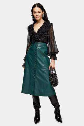 Topshop Womens Dark Green Leather Midi Skirt - Green