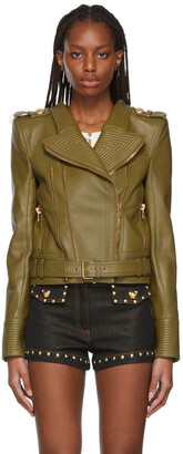 Balmain Green Leather Biker Jacket - ShopStyle