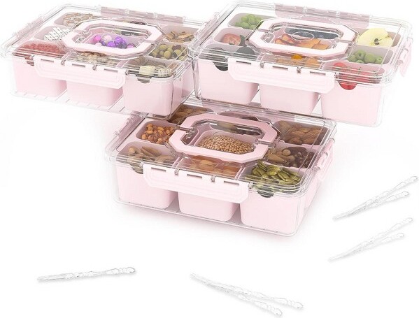 MaseiKar Divided Serving Tray with Lid, 9 Compartment Snack Box, Charcuterie Organizer, Snackle Box for Candy, Nuts, Fruits, Snacks, Pink