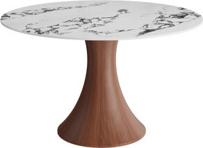 Ivy Bronx Mid-Century Modern Round Dining Table For 2-4 Stone Tabletop Solid Wood Pedestal Base