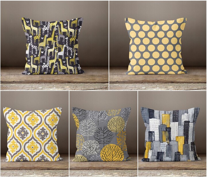 Etsy Yellow & Gray Pillow Cover|Geometric Design Case|Decorative Housewarming Cushion Case|Outdoor Pillow|Boho Bedding Cozy Home Decor