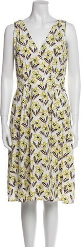 Prada A-Line Dress From the 2016 Collection by Miuccia Yellow Printed Pleated Accents Sleeveless with V-Neck Concealed Zip Closure at Side Designer