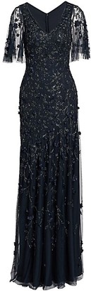 Theia Metallic Beaded Flutter-Sleeve Column Gown
