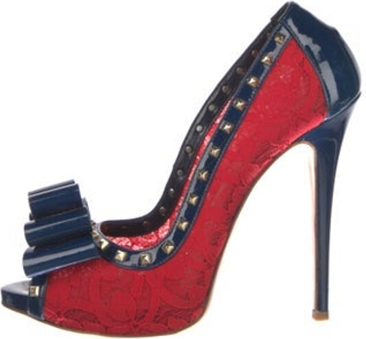 Gianmarco Lorenzi Lace Pumps Blue & Red Colorblock Pattern Peep-Toes