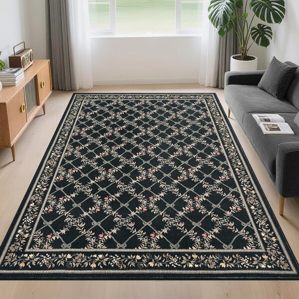 TackView 9x12WashableRunnerRug-ModernFloralVineNon-SlipKitchenEntrywayCarpetStainResistantLowPileFloorCoverforBathroomBlack