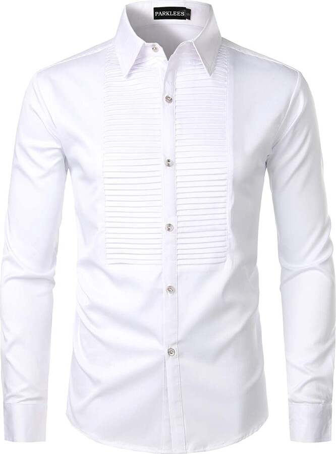 PARKLEES Men's Hipster Slim Fit Long Sleeve Tuxedo Dress Shirts White S ...