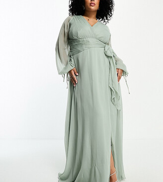 ASOS Curve ASOS DESIGN Curve bridesmaid long sleeve ruched maxi dress with wrap skirt in olive