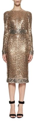 Tom Ford Embroidered Metal Sheath Dress, Silver