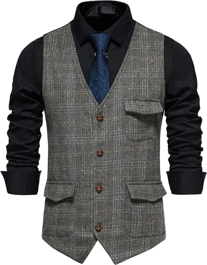 lzjds Men's Plaid Vest Classic Single Breasted V Neck Slanted Hem with