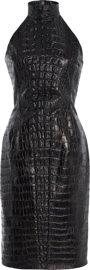 Balmain Embossed Leather Midi Halter Dress