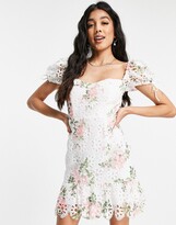 Thumbnail for your product : Love Triangle floral lace mini dress with puffed sleeves in pink and white