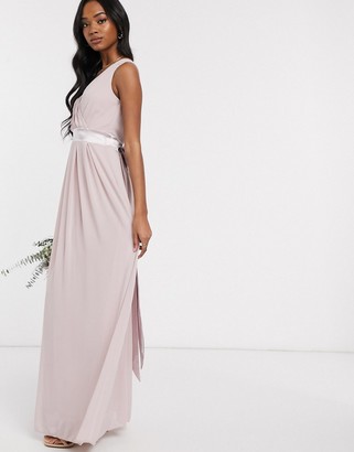 TFNC bridesmaid wrap front bow back maxi dress in pink