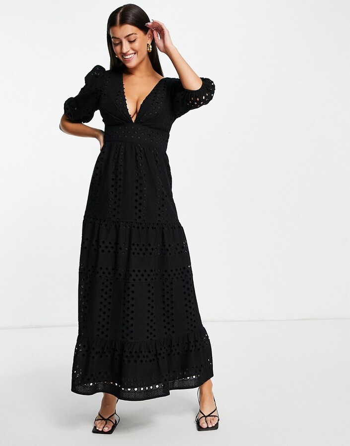 ASOS DESIGN plunge eyelet tiered midi dress with button neck in black - ShopStyle