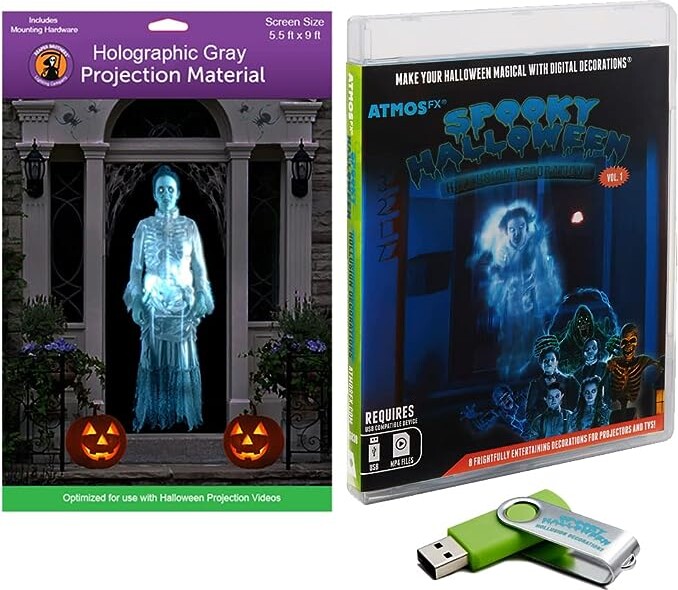 AtmosFX® Spooky Halloween Hollusion Digital Decoration Kit Includes 8 AtmosFX® Video Effects for Halloween Plus 5.5' x 9' Holographic Projection Screen