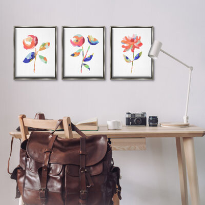 Red Barrel Studio Brushed Freeflow Flower 3 PC Framed Floater Canvas Set by Lisa Nohren
