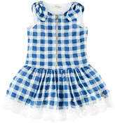 Thumbnail for your product : Neiman Marcus Pili Carrera Gingham Dress w/ Flower Hem, Blue, Size 4-10