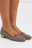 Thumbnail for your product : Charlotte Olympia Kitty Embroidered Houndstooth Slippers - Dark gray