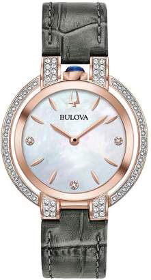 Bulova Rubaiyat Mother Of Pearl Rose Gold And Diamond Set Dial Grey Leather Strap Ladies Watch