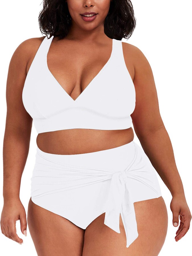 Viottiset Womens Two Piece Plus Size Tummy Control Bikini Set Beach High  Waisted Cheeky Bathing Suit 02 White X-Large - ShopStyle