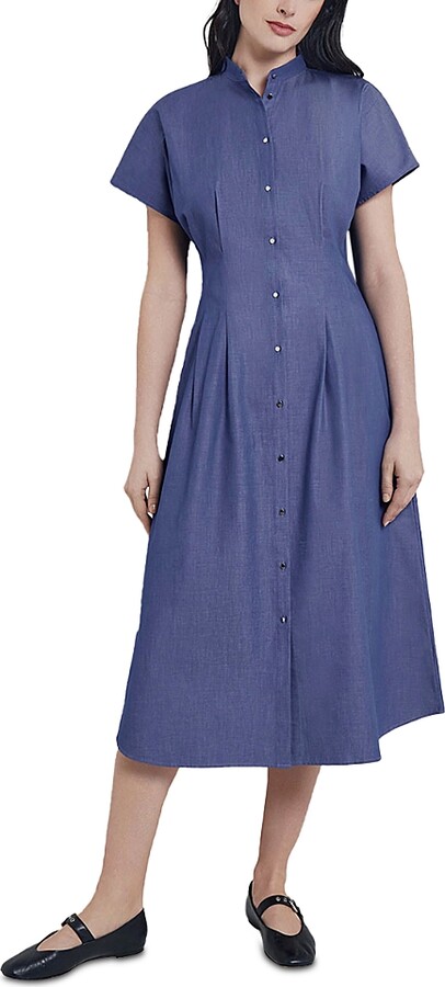 Misook Stand Collar Button Front Midi Dress