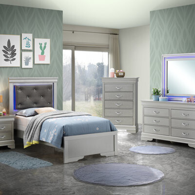 Stylish Silver Champagne Queen Bed With LED Accent And Durable Wood Veneer Construction For Modern Bedrooms