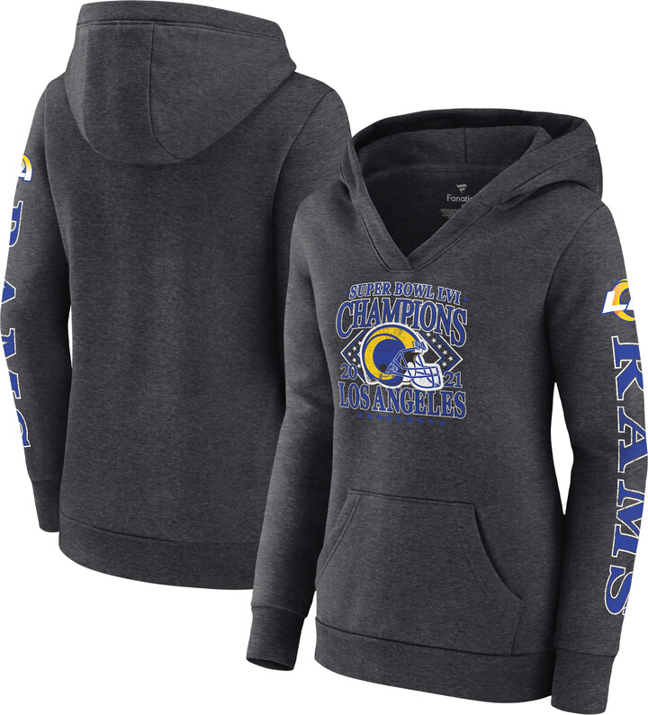 Women's Fanatics Heathered Charcoal Los Angeles Rams Super Bowl LVI Champions Retro Pullover Hoodie