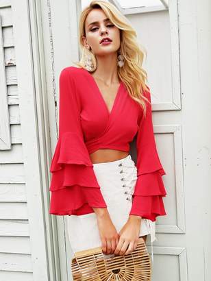 Shein Simplee Layered Sleeve Wrap Tie Back Crop Blouse