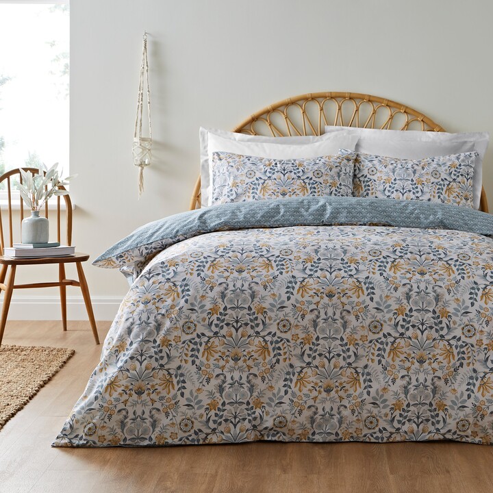 Dunelm Dorothy Floral Ochre 100 Cotton Reversible Duvet Cover and