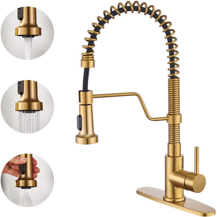 CASAINC Single-Handle Pull-Down Sprayer Kitchen Faucet with 3 Function Pull out Sprayerhead, Deckplate in Brushed Gold