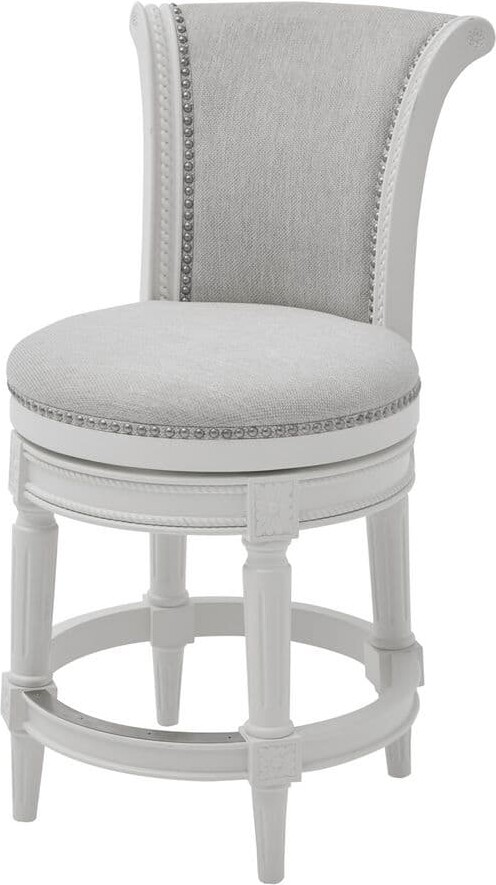 New Ridge Home Goods Chapman 26 in. Farmhouse White High Back Wood Swivel Counter Stool with Upholstered Gray Seat, 1-Stool