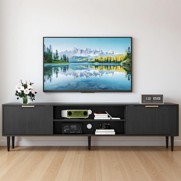 COZONYModernTVStandwithFlutedPanelDesignandStorageCabinets,EntertainmentCenterConsoleforLivingRoom