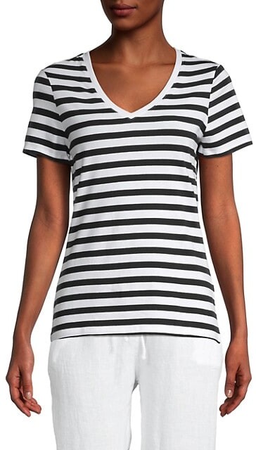 black and white striped v neck tee