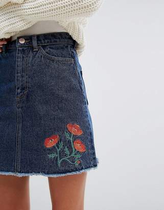 Monki Embroidered Floral Denim Mini Skirt