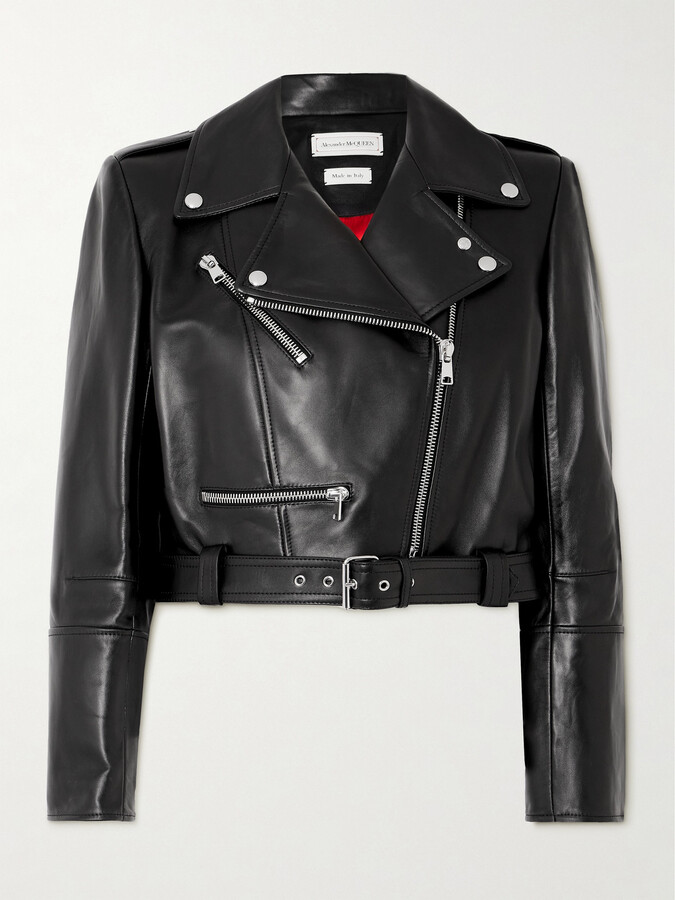 Alexander McQueen Cropped Belted Leather Biker Jacket - Black