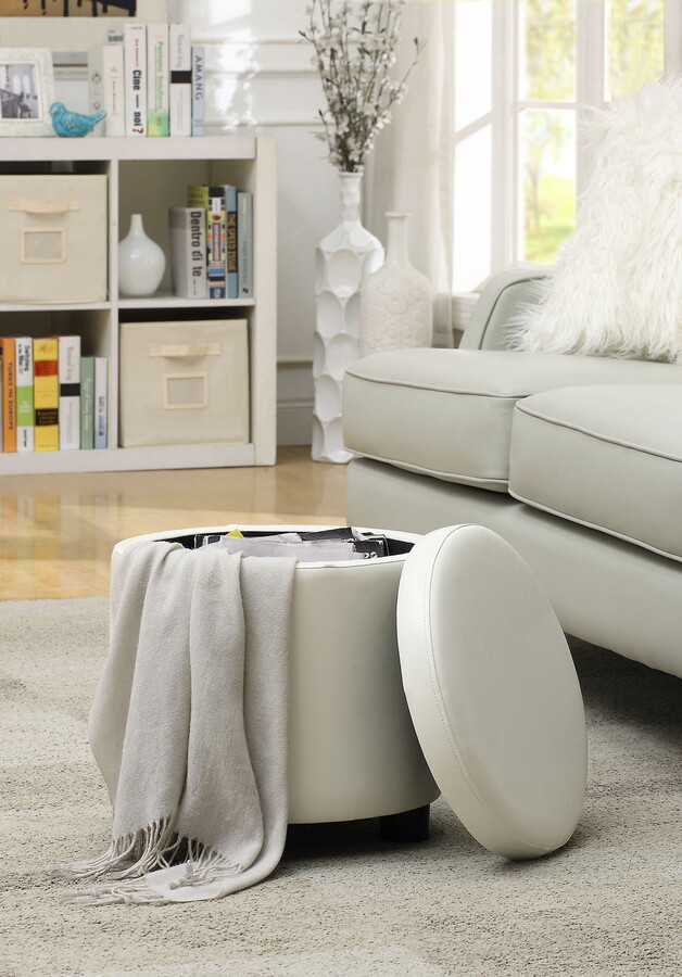 Designs4Comfort Round Storage Ottoman with Reversible Tray Lid, Ivory Faux Leather
