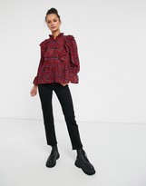 Thumbnail for your product : New Look neck detail ruffle blouse in red animal print