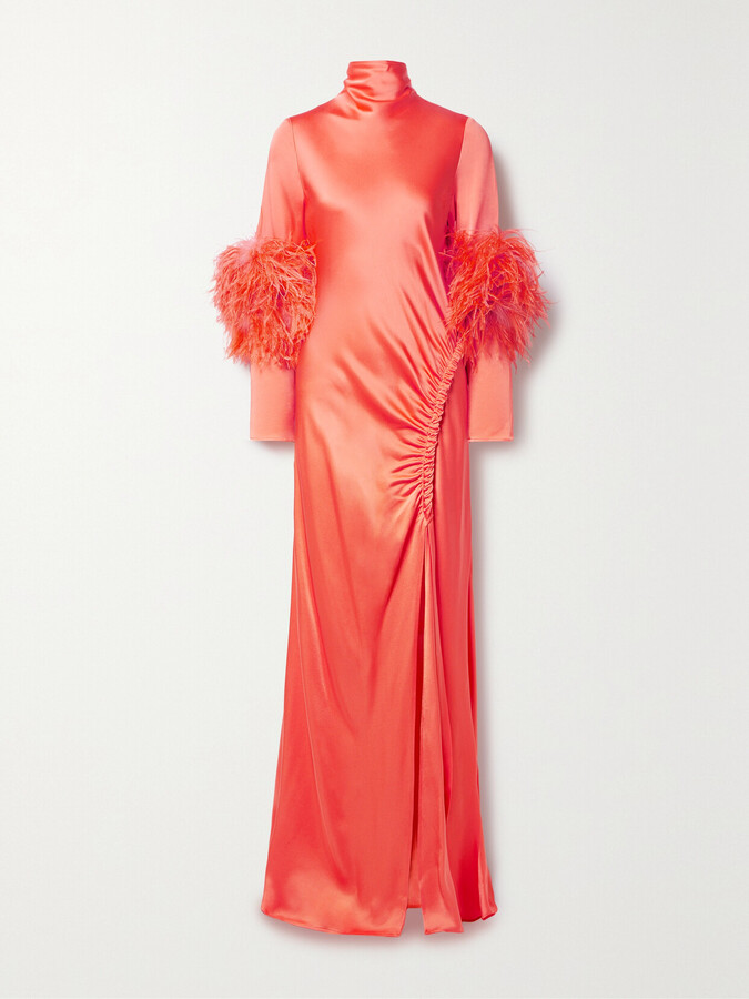 Sally LaPointe Feather-trimmed Ruched Satin Gown - Orange