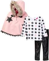 Thumbnail for your product : Betsey Johnson Star Print Tee, Faux Fur Trimmed Cape & Pleather Legging Set (Toddler Girls)