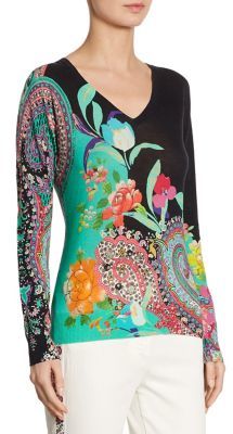Etro Floral Paisley Silk & Cashmere V-Neck Sweater