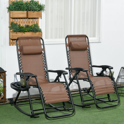 Dovecove Outsunny Set Of 2 Outdoor Rocking Chairs, Foldable Reclining Zero Gravity Lounge Rocker With Pillow, Cup & Phone Holder, Combo Design With Folding Leg