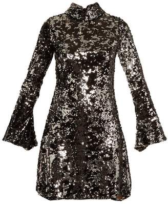 Halpern - Sequin Embellished High Neck Flared Sleeve Dress - Womens - Black Silver
