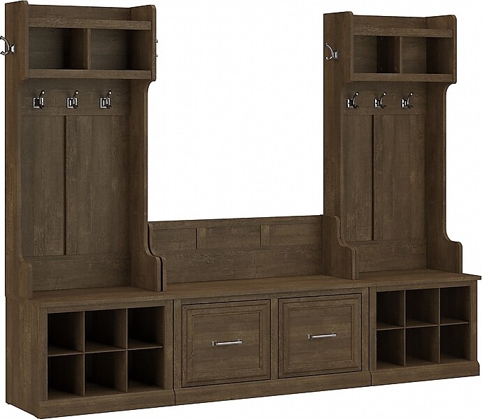 Bush Furniture Woodland Entryway Storage Set with Hall Trees and Shoe Bench with Doors, Ash Brown (WDL011ABR)
