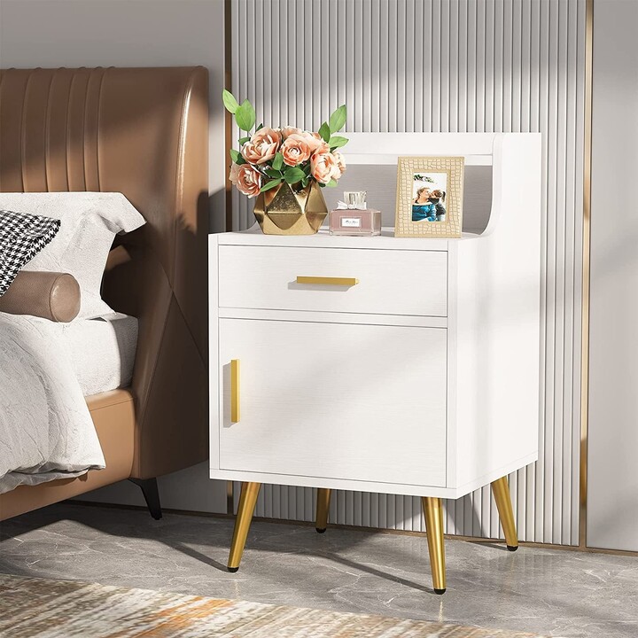 Farfarview White Gold Nightstand with Drawer Tall Bedside Table with