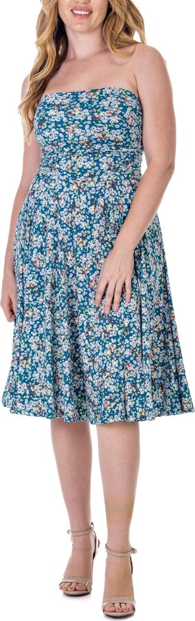 24seven Comfort Apparel Teal Floral Strapless Tube Top Flowy Knee Length Dress