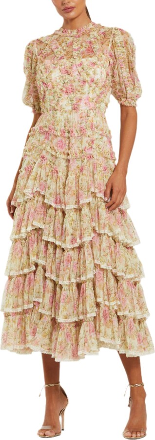 Mac Duggal Elegant High Neck Midi Dress in Printed Mesh with Lace Accents