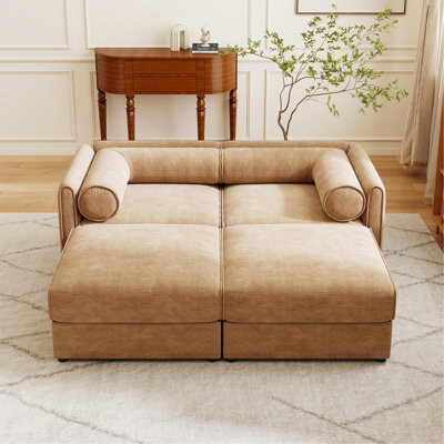 Latitude Run Stylish Camel Chenille 2-Seater Sofa With 2 Ottoman Storage Seat, Cylindrical Backrest And Armrests, Modern Fabric Loveseat Featuring Hidden Storage
