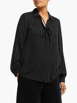 Collection Weekend By John Lewis Collection WEEKEND by John Lewis Easy Tie Neck Glitter Stripe Blouse, Black/Silver