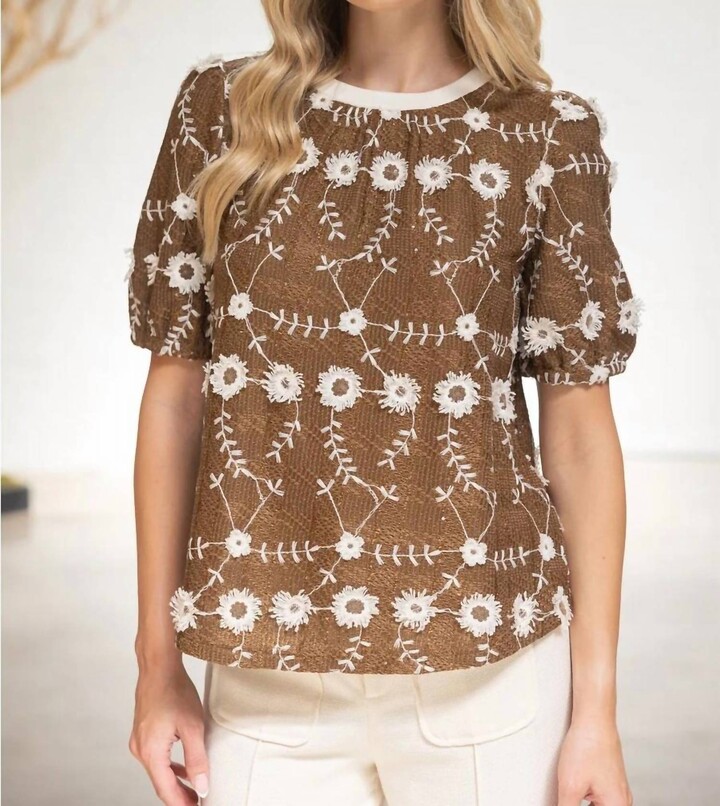 Coquette Lillian Embroidered Top In Brown