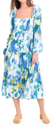 Donna Morgan Printed Linen Blend Tiered Midi Babydoll Dress
